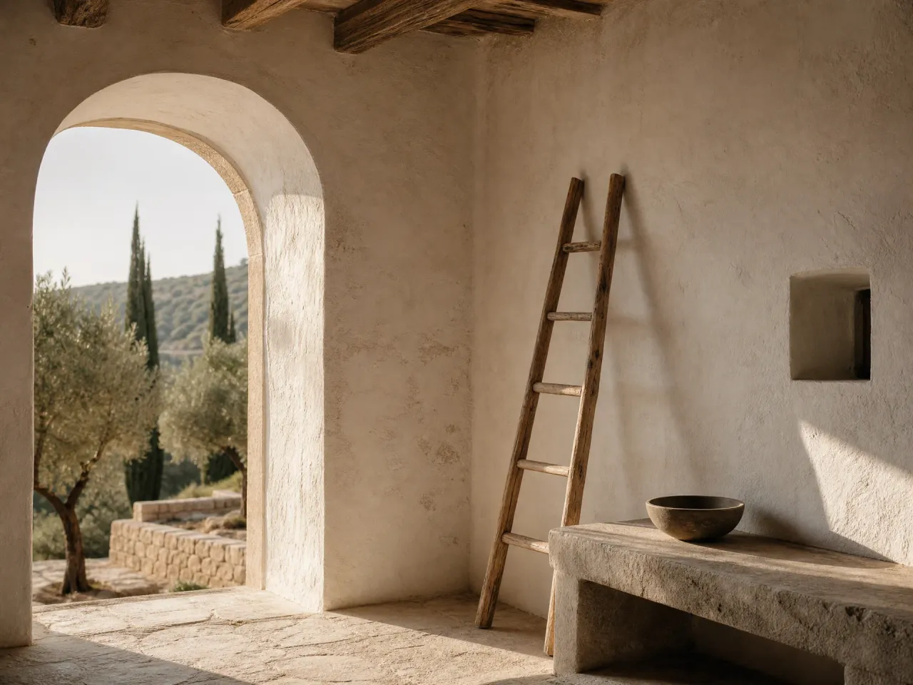 Traditional Mediterranean wall craft showing layered lime plaster against an arched opening