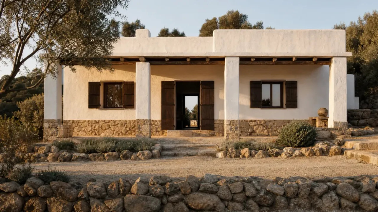 Lime-washed Mediterranean villa facade with stone base and timber shutters at sunset