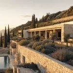 Modern stone villa carved into a Mediterranean hillside with terraced garden and cypress avenue