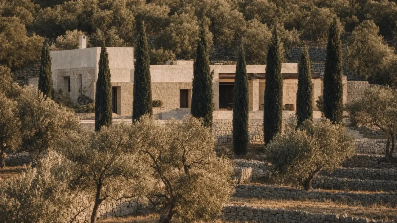 Mature olive grove and cypress alley framing a minimalist Mediterranean stone home