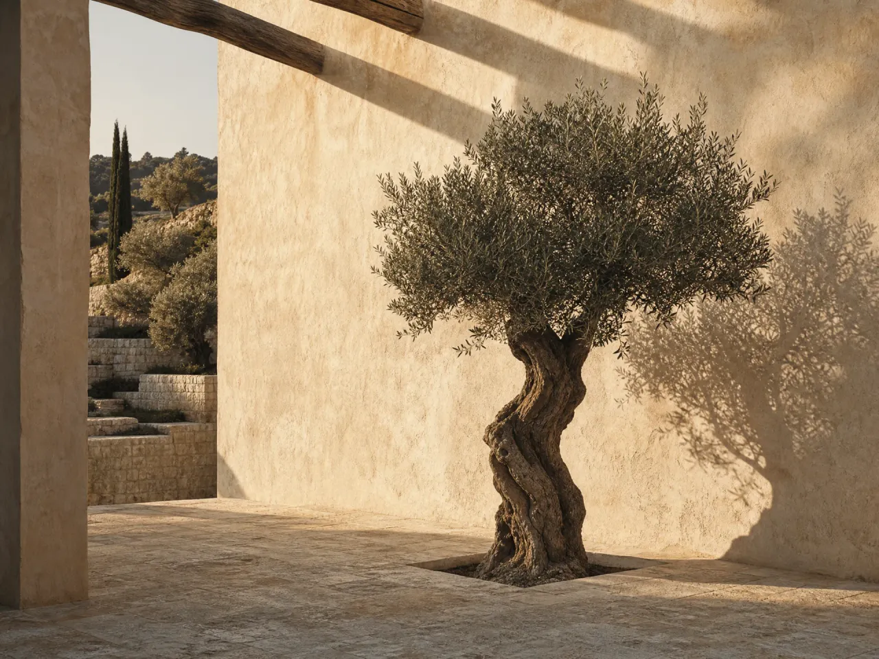 Single gnarled mature olive tree in a courtyard against a lime-washed wall